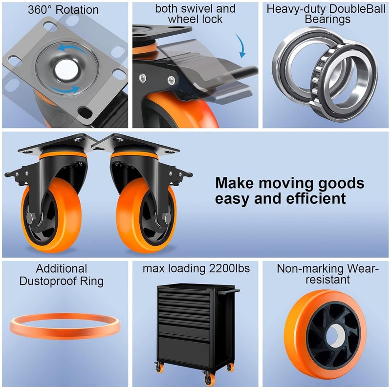 TAYLOON 4 Inch Caster Wheels Heavy Duty 2200lbs, Swivel Casters Set of 4 with Safe Dual Locking,Industrial Plate Casters, Locking Casters Wheels for Furniture,Workbench(Free Hardware Kit) - Image 4